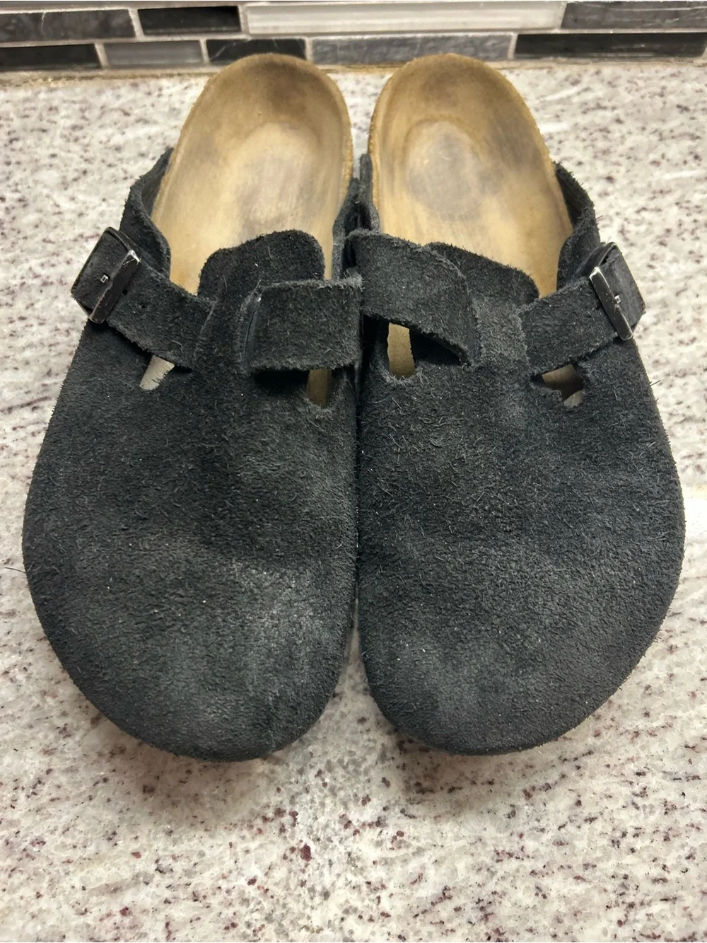 Birkenstock Boston Black Suede Slip-On Clog Mules womens size 11/mens size 9